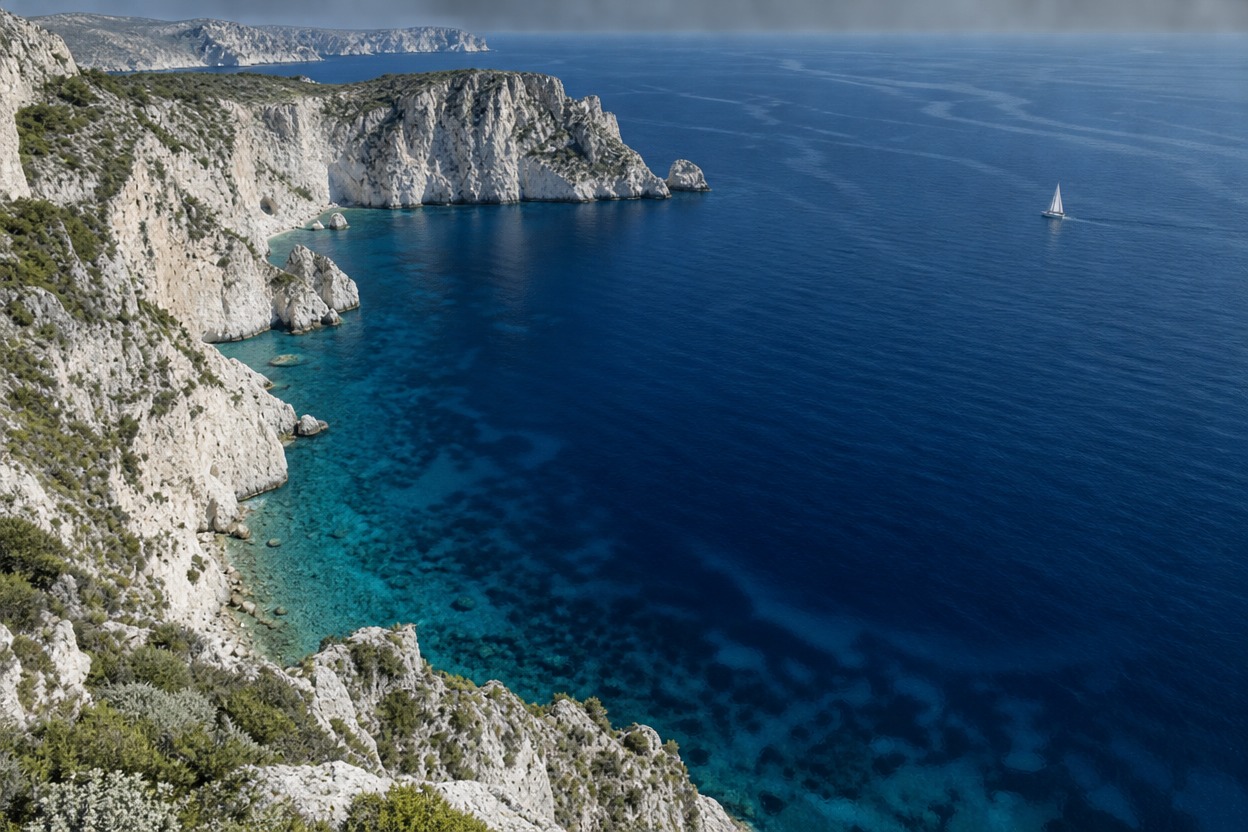 Limestone coastline curving around a deep blue sea, an imagined travel campaign