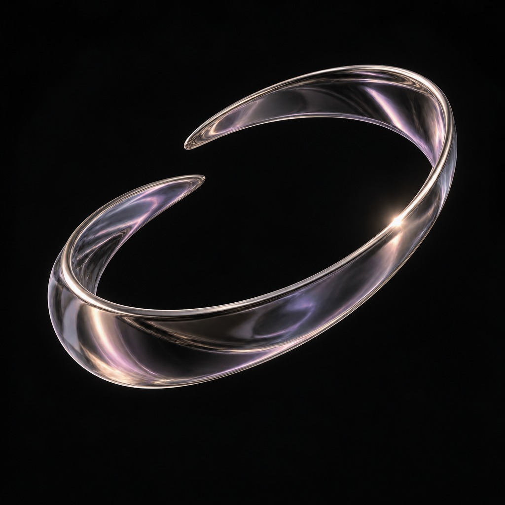 Pearlescent glass sculpture forming an open orbit