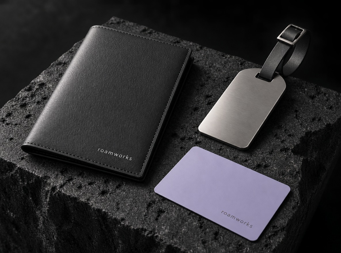 Roamworks concept travel accessories: graphite passport sleeve, titanium luggage tag and lavender card
