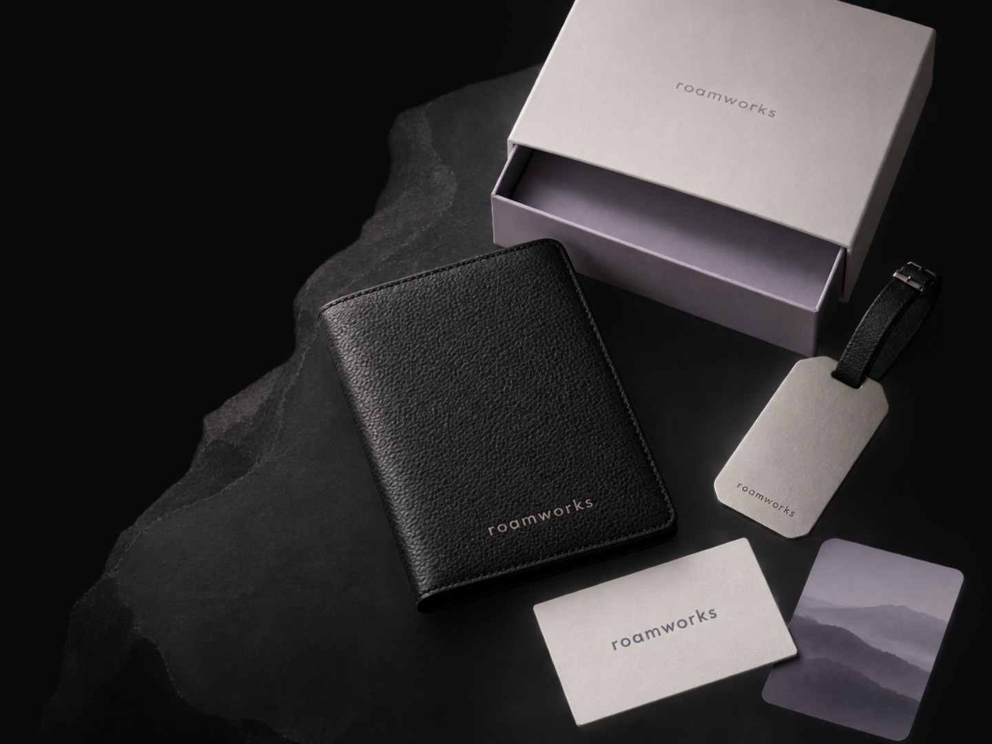 Roamworks concept collection with a passport sleeve, luggage tag and presentation box